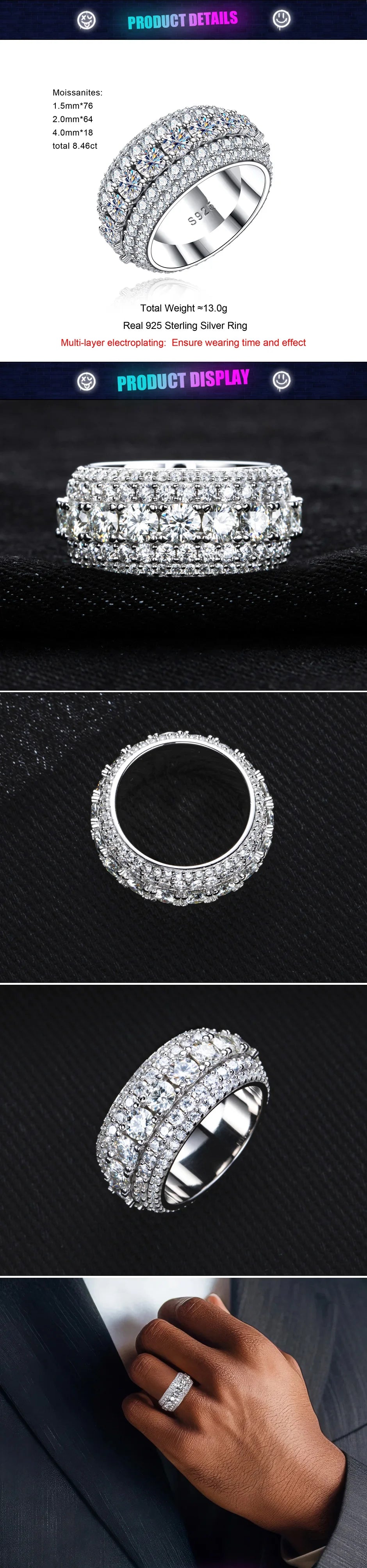 MossanRappr 8.46cttw Moissanite Iced out Diamond Ring 925 Sterling Silver High Quality and Fashion Jewelry for Men's Party Wear