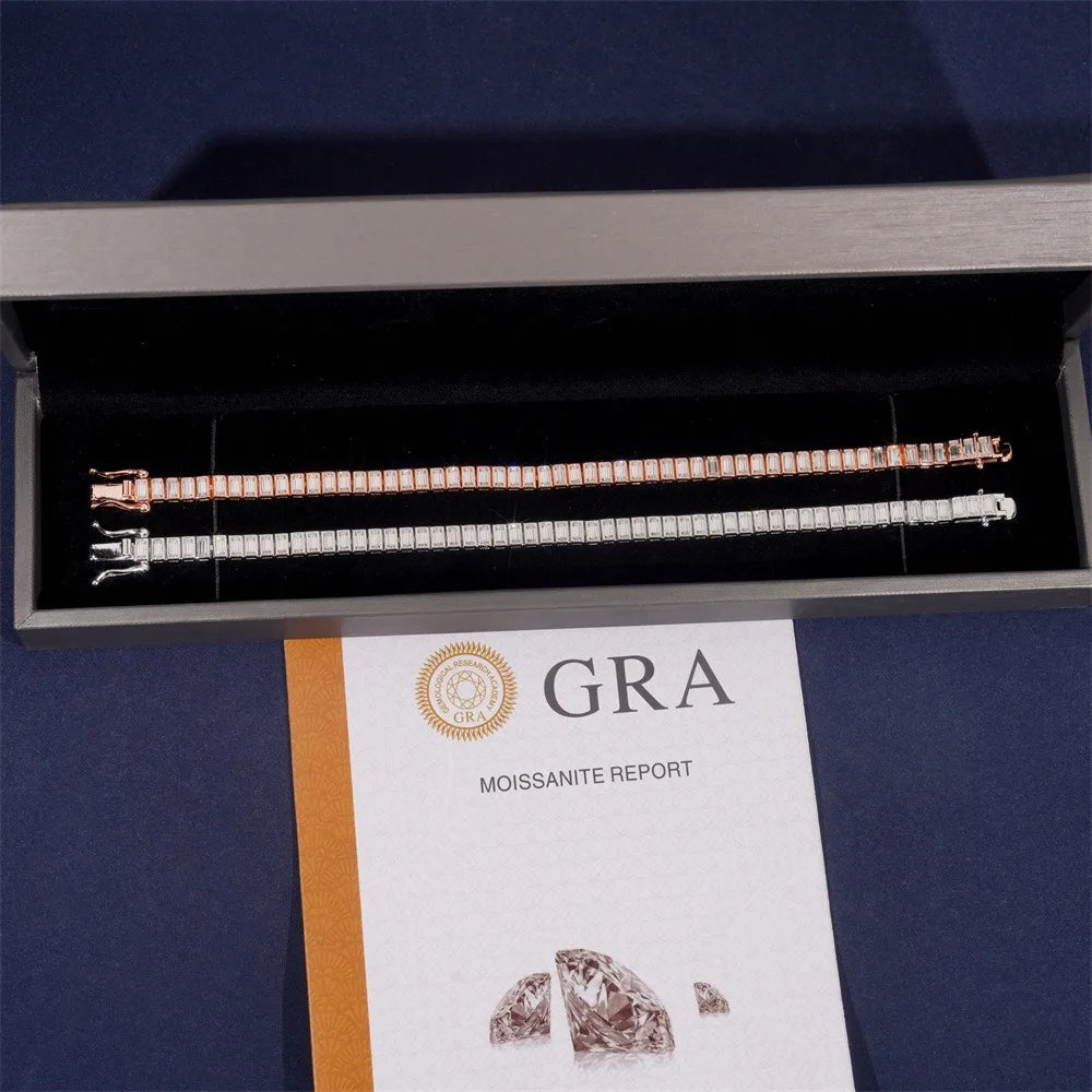2x4mm Emerald Cut Moissanite Chain Bracelet 925 Sterling Silver Plated White Gold Baguette Diamond Link Bracelets Pass Tester