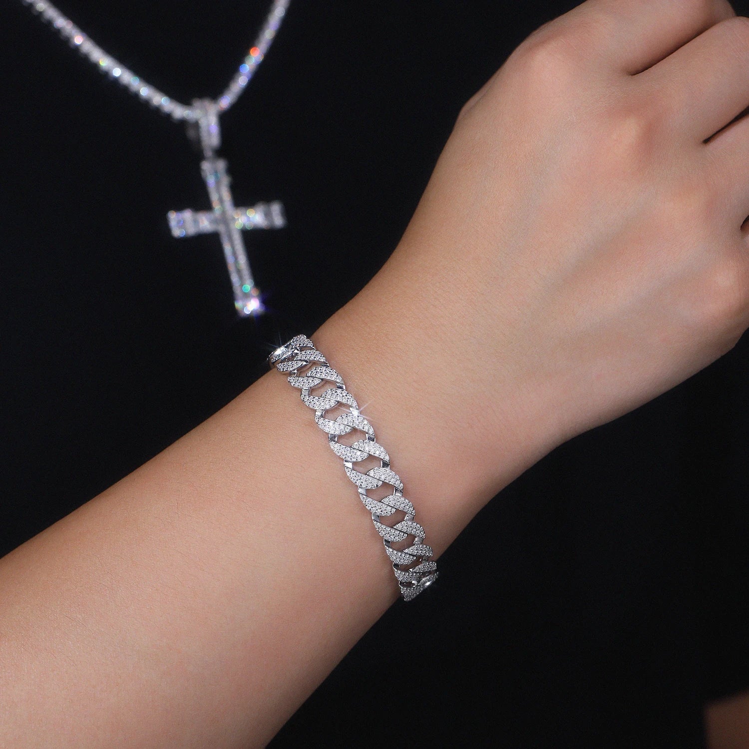 Kfvanfi Moissanite D VVS 925 Sterling Silver Gold Plated 11MM Width Retro Classic Men's Bracelet Shining Cuban Chain