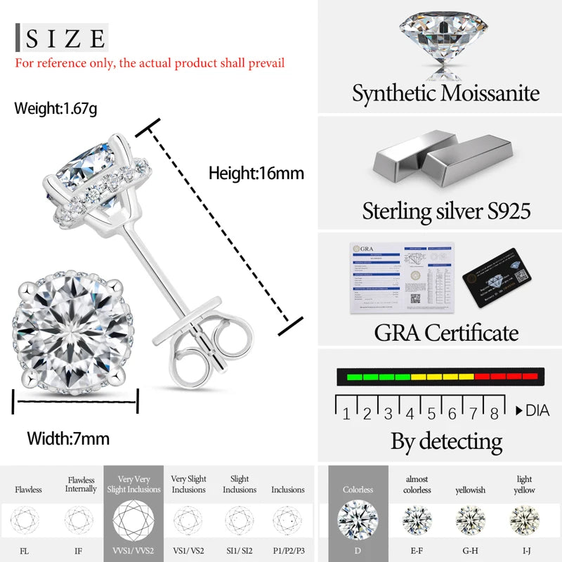 GRA Certified Moissanite Stud Earrings for Woman Man 100% 925 Sterling Silver Earrings Sparkling Wedding Party Jewelry Gifts