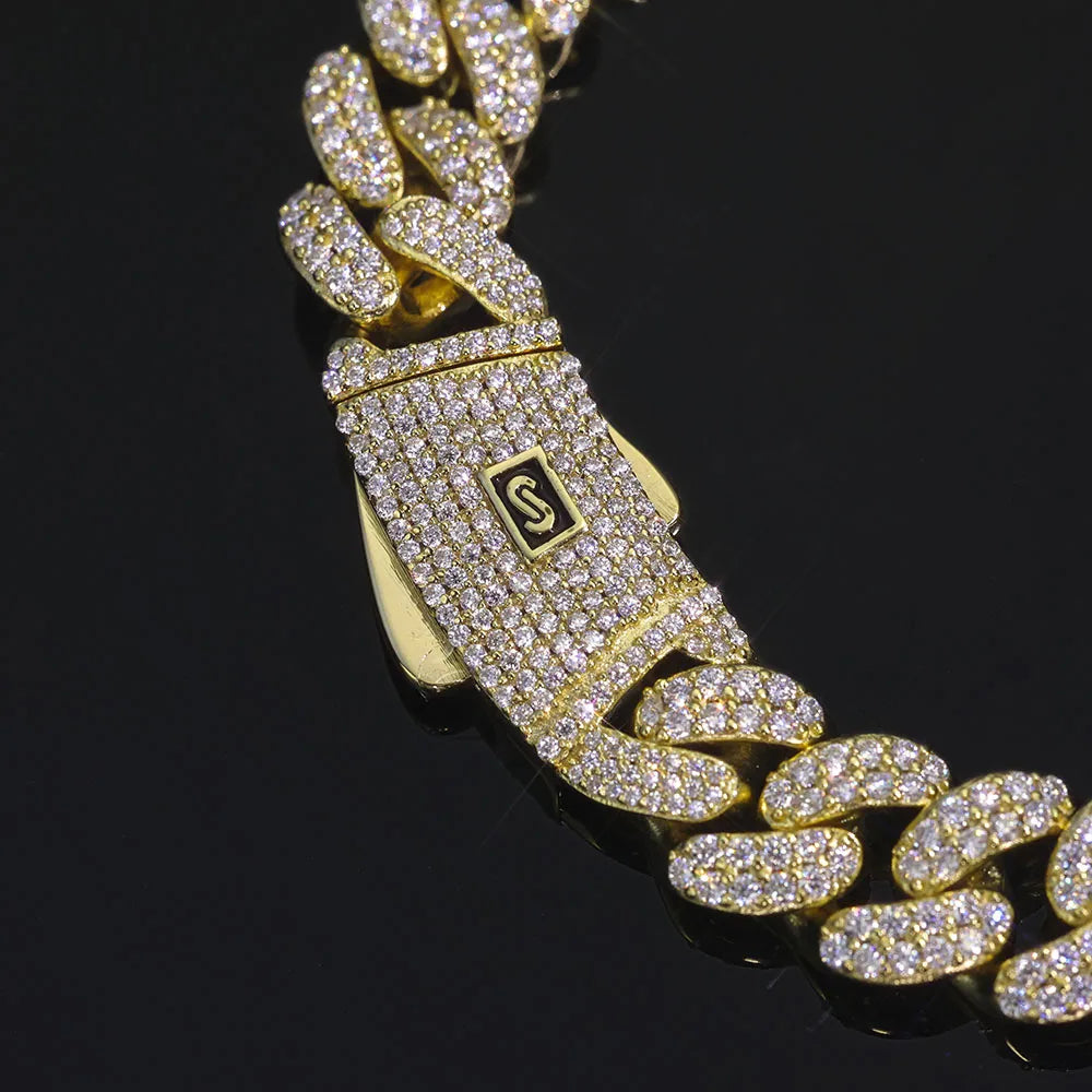 ICEBLING 12MM Moissanite Monaco Chain Women Bling Iced Out VVS 925 Silver Double Rows Cuban Link Choker Necklace Men Gift