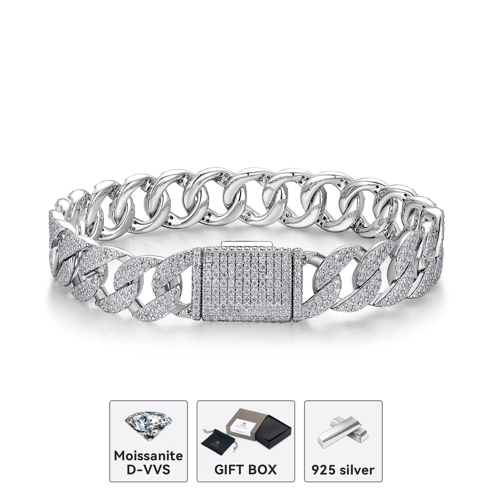 Kfvanfi Moissanite D VVS 925 Sterling Silver Gold Plated 11MM Width Retro Classic Men's Bracelet Shining Cuban Chain