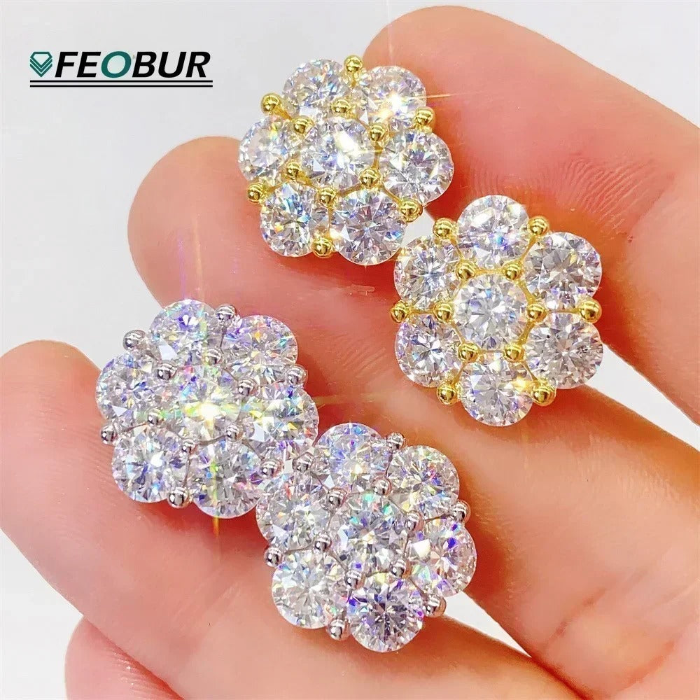 FEOBUR 7CT 5mm Flower Full Moissanite Stud Earrings